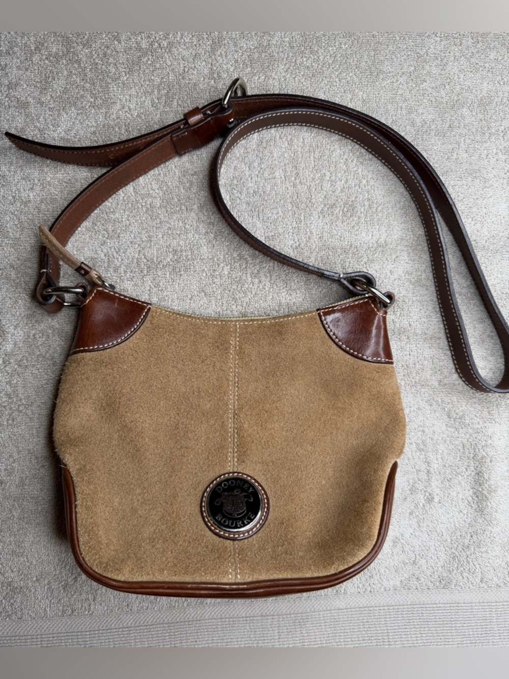 Dooney & Bourke Tan Suede Shoulder Bag with Brown Leather Trim